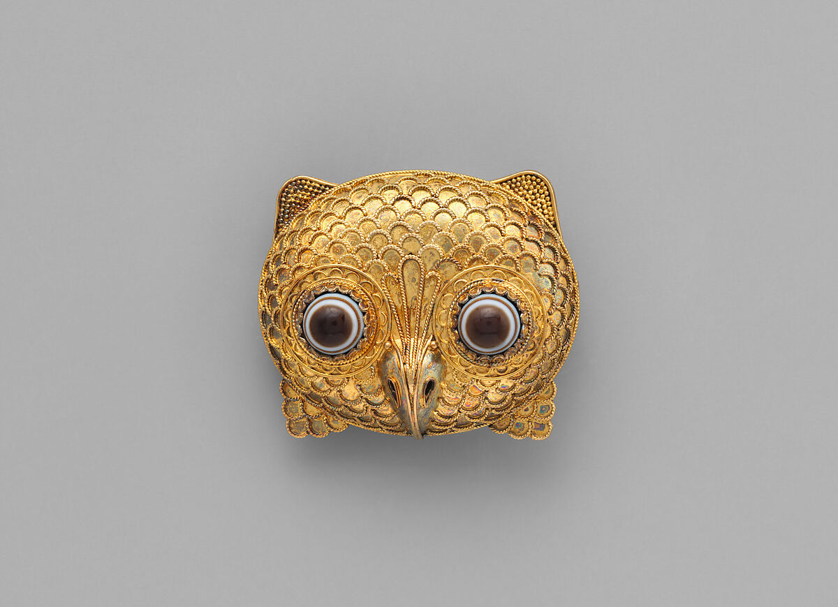 Brooch in the form of an owl head, Firm of Castellani, Gold, agate, Italian, Rome 