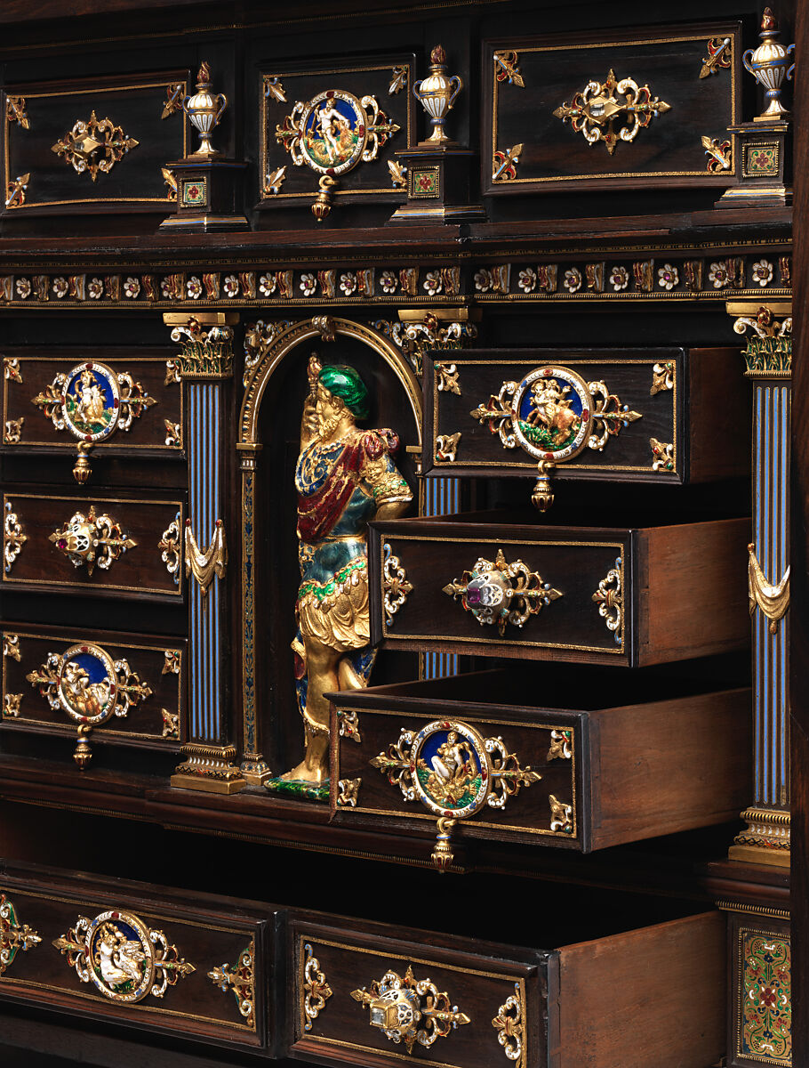 Cabinet with gold mounts and relief, After a design by Reinhold Vasters (German, Erkelenz 1827–1909 Aachen), Pine and walnut veneered with ebony; gold, enamel, diamonds, rubies, German, Aachen