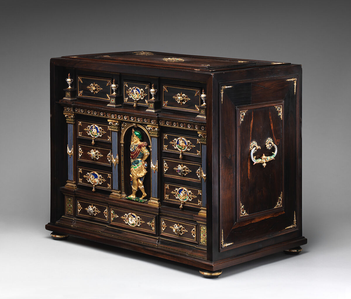 Cabinet with gold mounts and relief, After a design by Reinhold Vasters (German, Erkelenz 1827–1909 Aachen), Pine and walnut veneered with ebony; gold, enamel, diamonds, rubies, German, Aachen