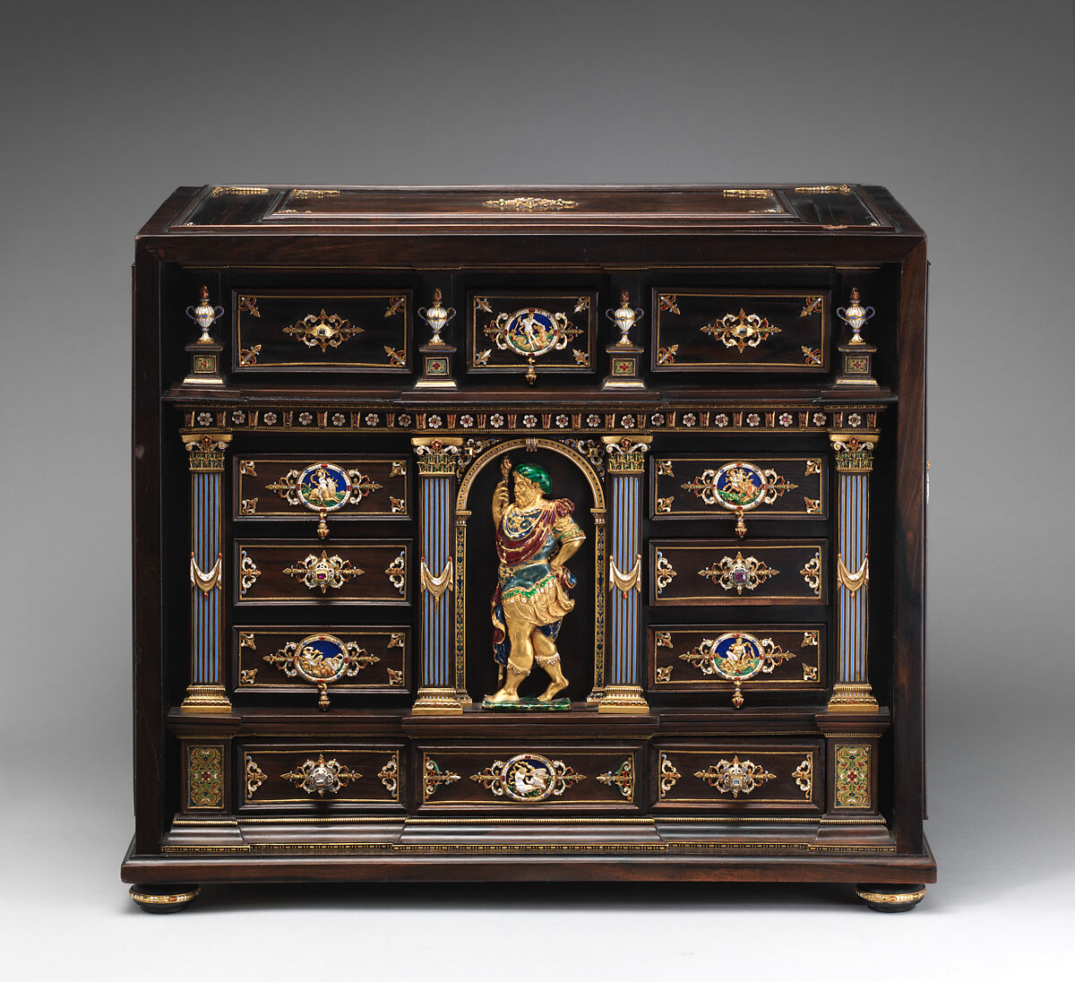 Cabinet with gold mounts and relief, After a design by Reinhold Vasters (German, Erkelenz 1827–1909 Aachen), Pine and walnut veneered with ebony; gold, enamel, diamonds, rubies, German, Aachen 