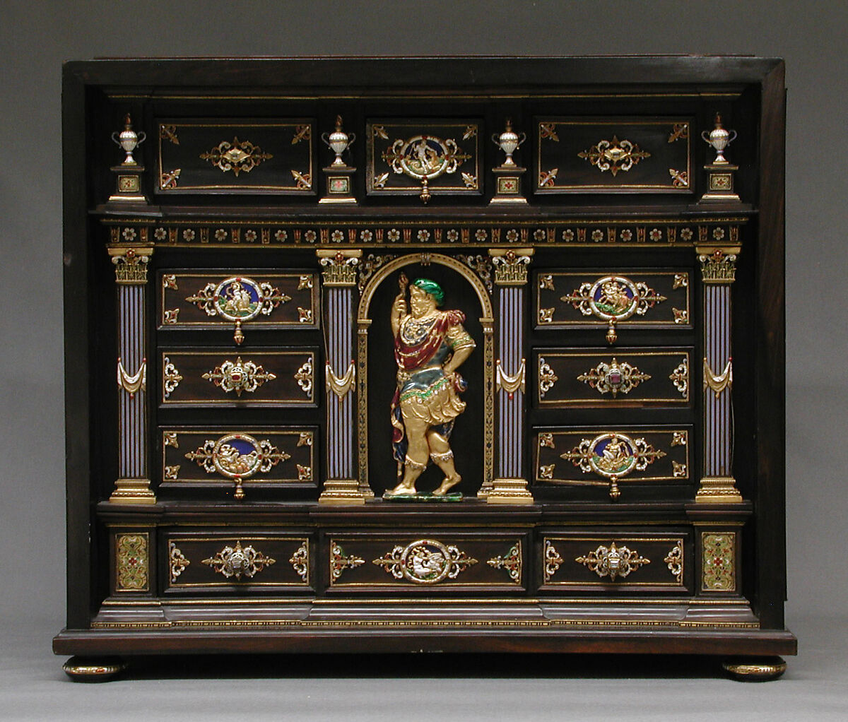 Cabinet with gold mounts and relief, After a design by Reinhold Vasters (German, Erkelenz 1827–1909 Aachen), Pine and walnut veneered with ebony; gold, enamel, diamonds, rubies, German, Aachen
