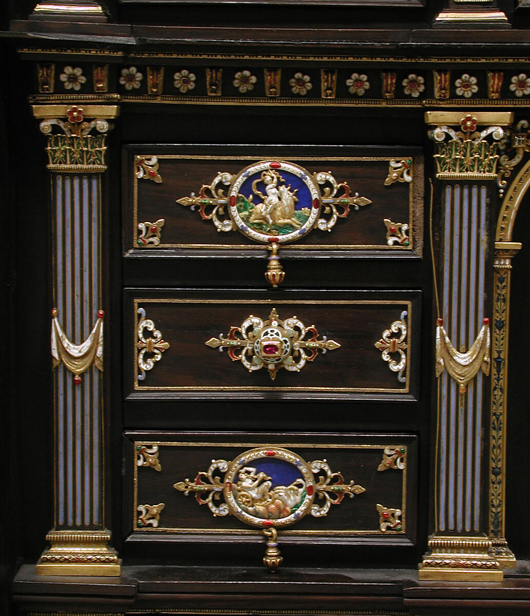 Cabinet with gold mounts and relief, After a design by Reinhold Vasters (German, Erkelenz 1827–1909 Aachen), Pine and walnut veneered with ebony; gold, enamel, diamonds, rubies, German, Aachen
