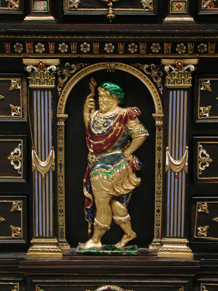 Cabinet with gold mounts and relief, After a design by Reinhold Vasters (German, Erkelenz 1827–1909 Aachen), Pine and walnut veneered with ebony; gold, enamel, diamonds, rubies, German, Aachen