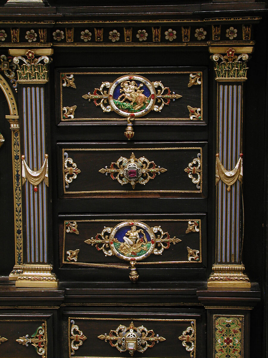 Cabinet with gold mounts and relief, After a design by Reinhold Vasters (German, Erkelenz 1827–1909 Aachen), Pine and walnut veneered with ebony; gold, enamel, diamonds, rubies, German, Aachen