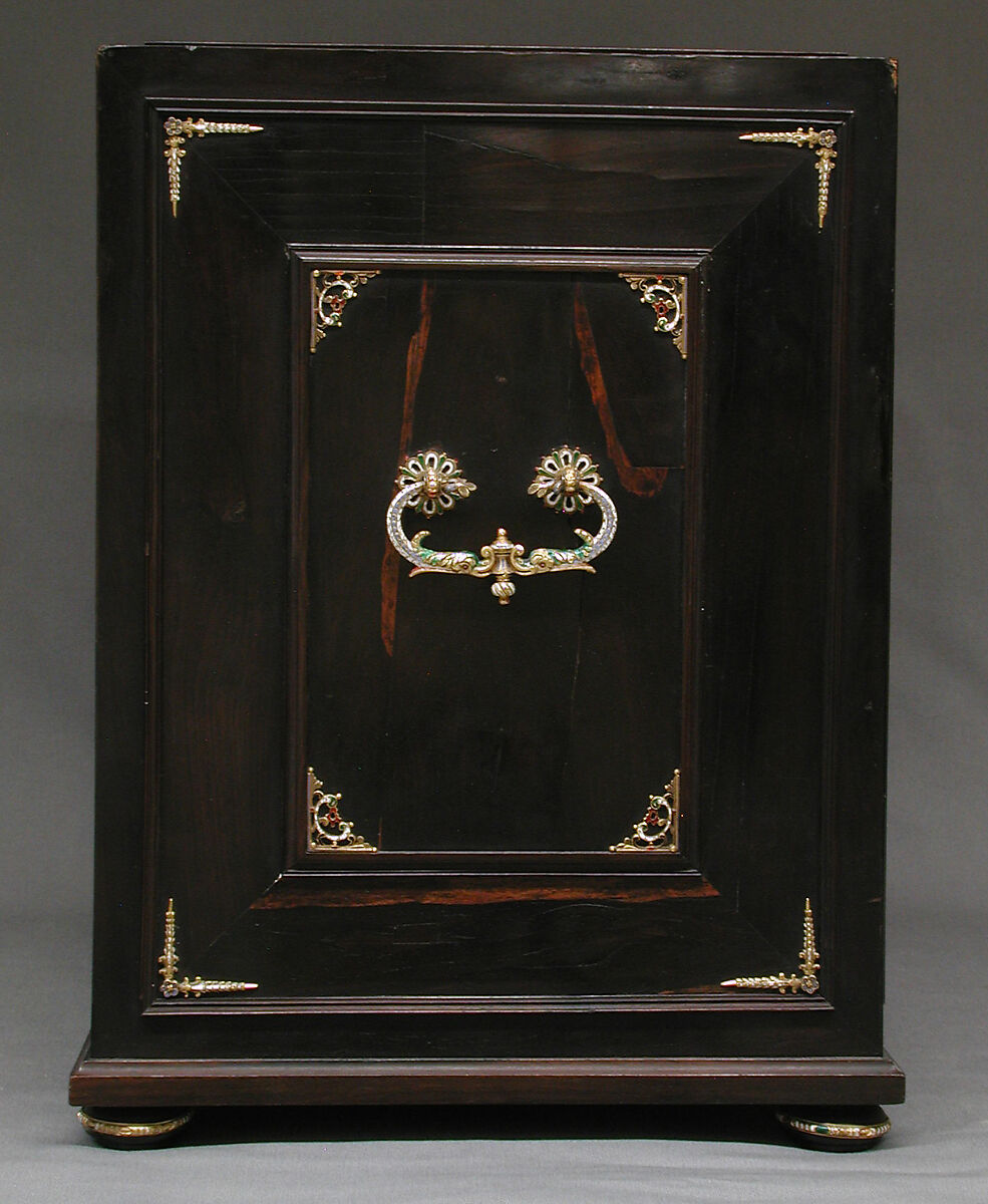 Cabinet with gold mounts and relief, After a design by Reinhold Vasters (German, Erkelenz 1827–1909 Aachen), Pine and walnut veneered with ebony; gold, enamel, diamonds, rubies, German, Aachen