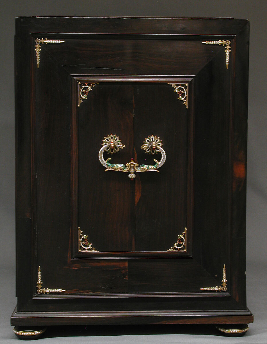 Cabinet with gold mounts and relief, After a design by Reinhold Vasters (German, Erkelenz 1827–1909 Aachen), Pine and walnut veneered with ebony; gold, enamel, diamonds, rubies, German, Aachen