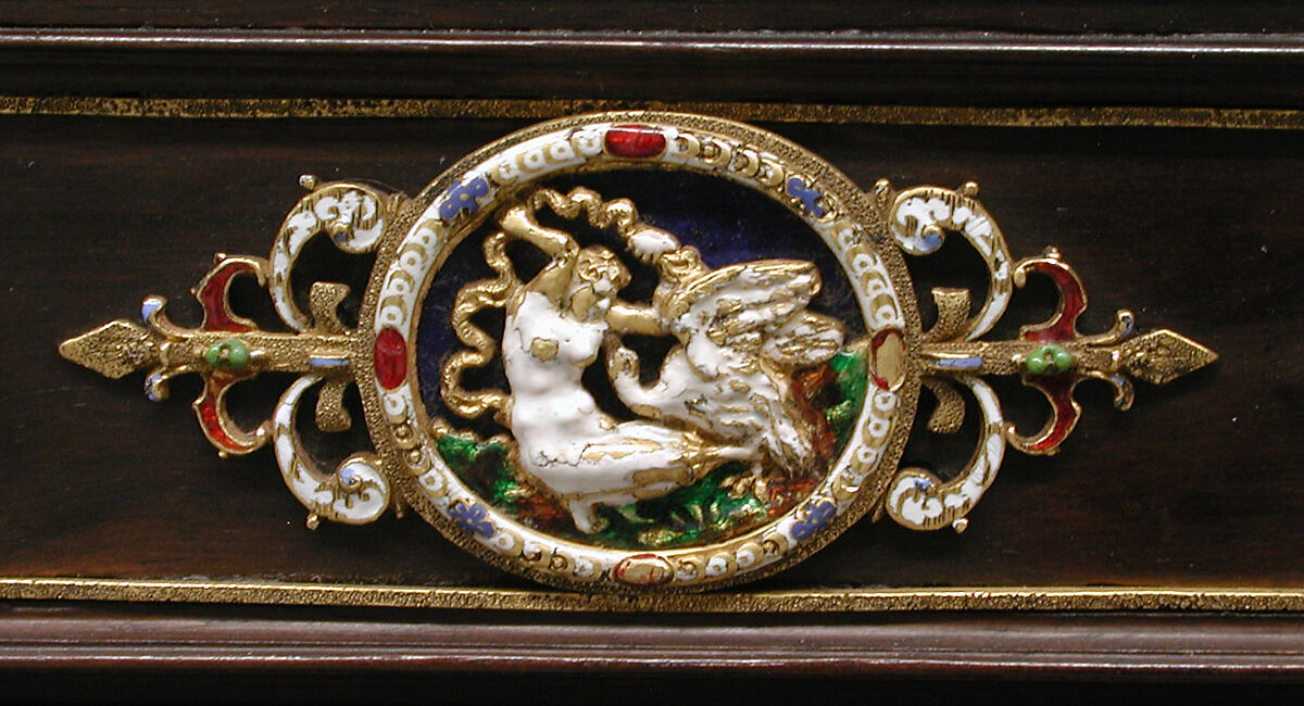 Cabinet with gold mounts and relief, After a design by Reinhold Vasters (German, Erkelenz 1827–1909 Aachen), Pine and walnut veneered with ebony; gold, enamel, diamonds, rubies, German, Aachen