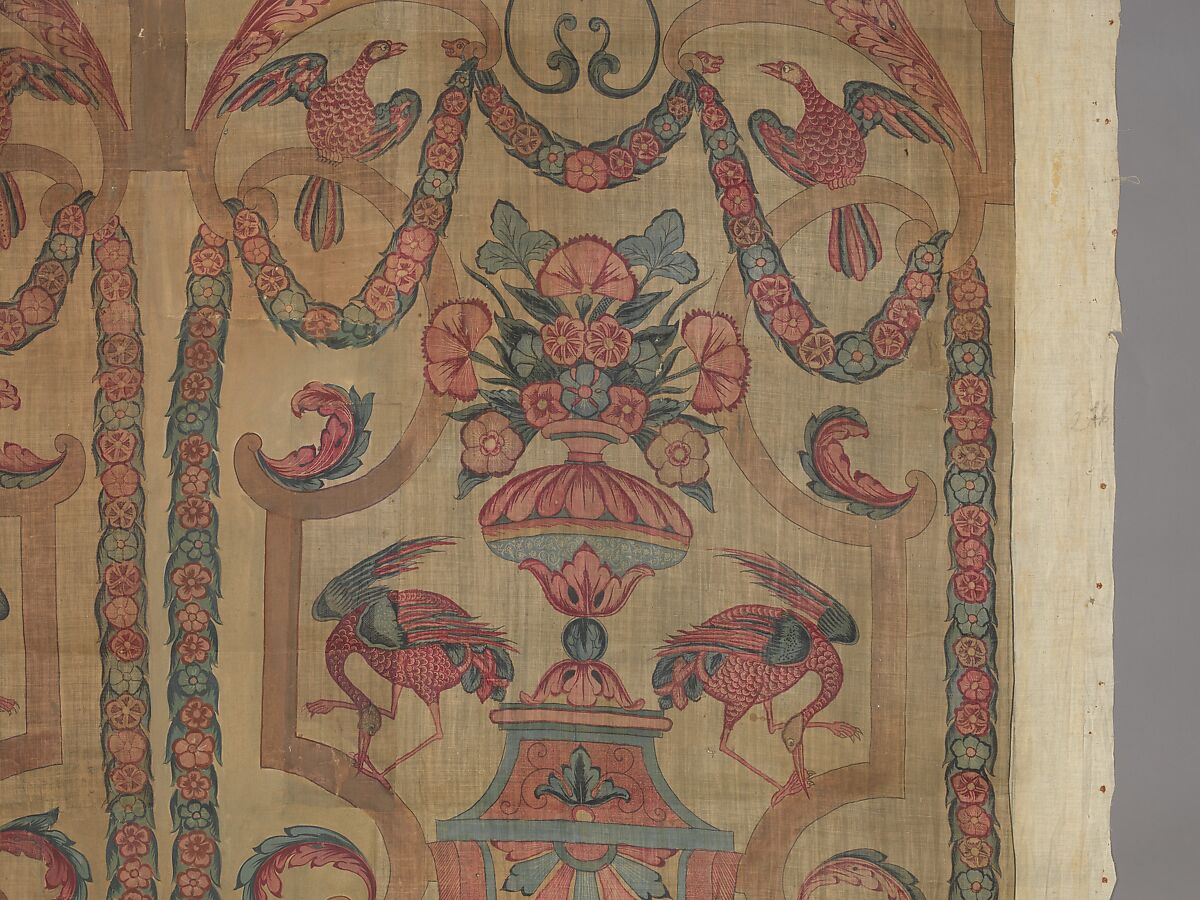 Chintz wall panel, Style of Jean Berain (French, Saint-Mihiel 1640–1711 Paris), Resist dyed and painted cotton, Indian, Coromandel Coast