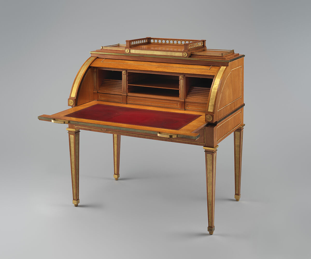 Rolltop desk, David Roentgen (German, Herrnhaag 1743–1807 Wiesbaden, master 1780), Oak, veneered with pau amarello (yellowheart) and mahogany; gilt bronze and copper, German, Neuwied am Rhein