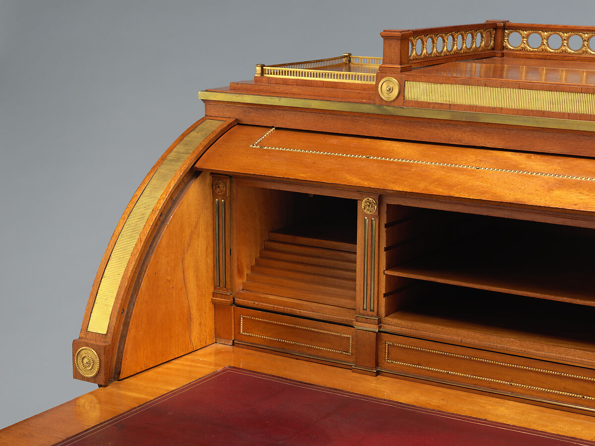 Rolltop desk, David Roentgen (German, Herrnhaag 1743–1807 Wiesbaden, master 1780), Oak, veneered with pau amarello (yellowheart) and mahogany; gilt bronze and copper, German, Neuwied am Rhein
