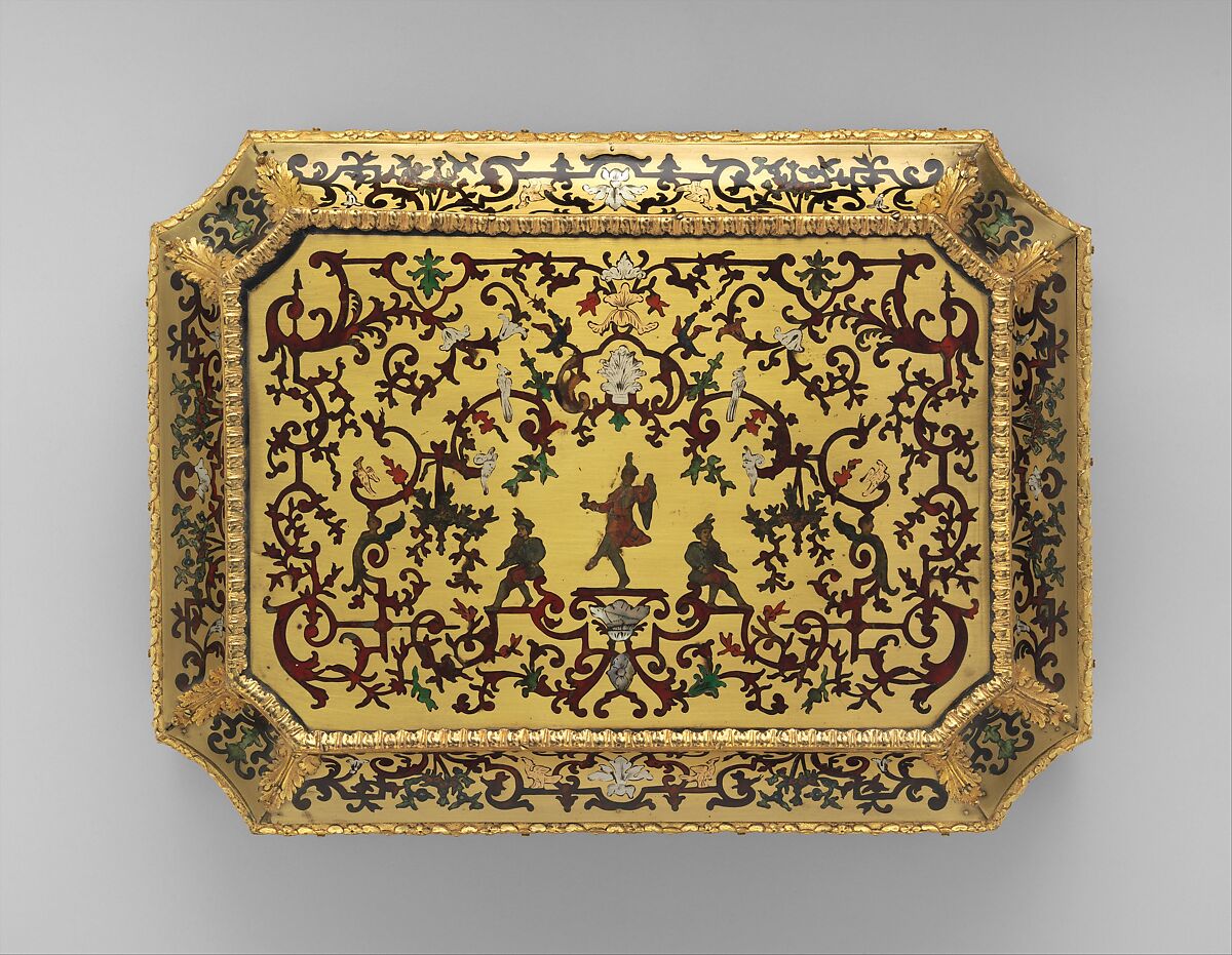 Toilet casket, Wood veneered with brass, tortoiseshell, tinted horn, pewter, copper and mother-of-pearl, rosewood contre partie Boulle work); gilt bronze and steel, French