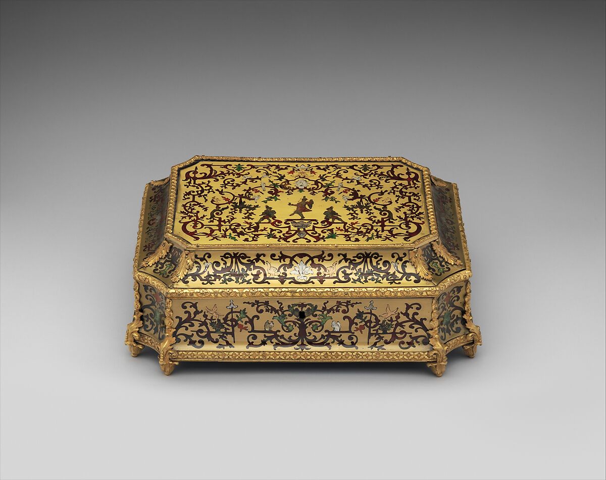 Toilet casket, Wood veneered with brass, tortoiseshell, tinted horn, pewter, copper and mother-of-pearl, rosewood contre partie Boulle work); gilt bronze and steel, French