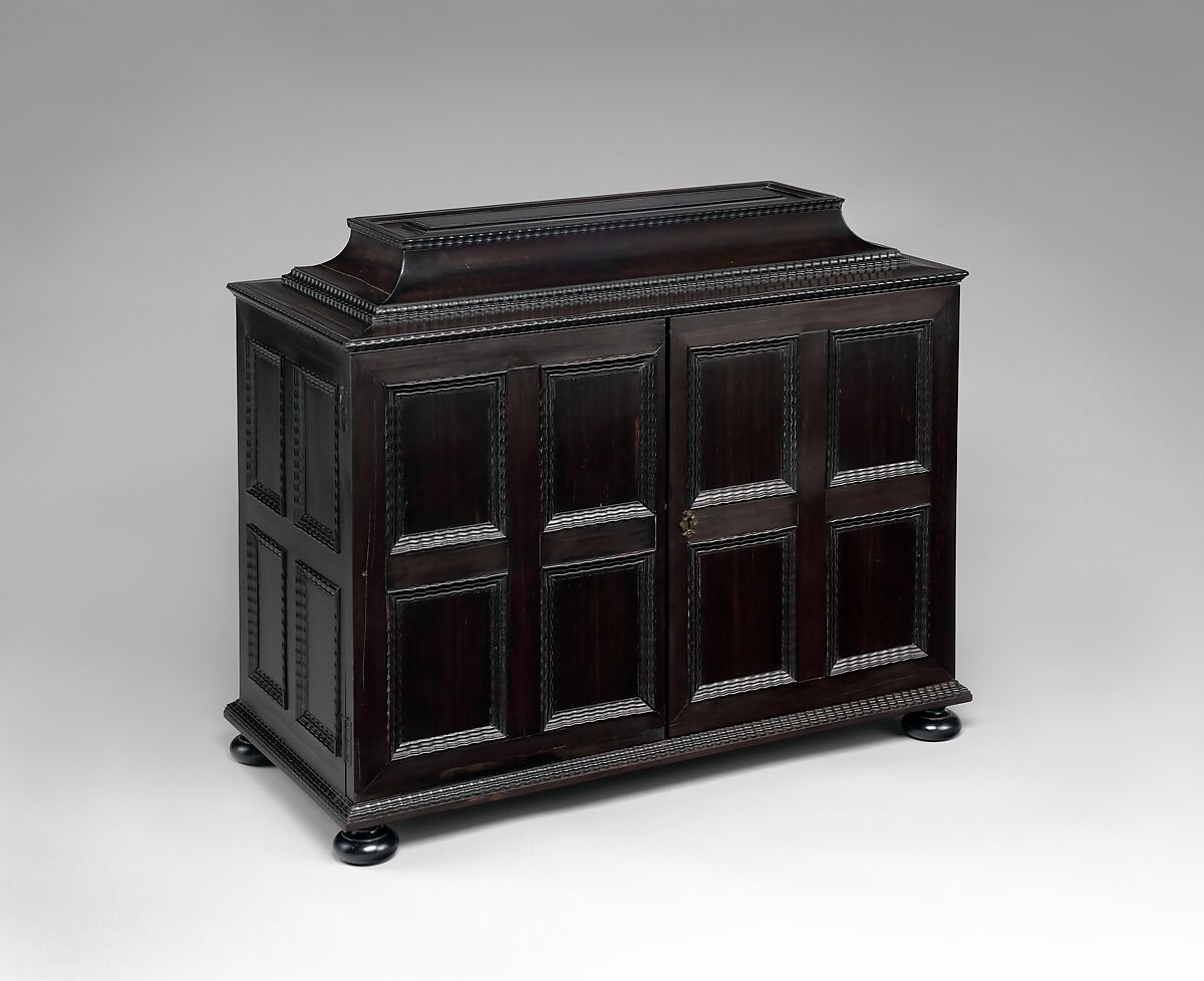 Cabinet, Attributed to Herman Doomer (Dutch, Anrath ca. 1595–1650 Amsterdam), Oak veneered with ebony, snakewood, rosewood, kingwood, cedar and other woods; mother-of-pearl, ivory, green stained bone, Dutch, Amsterdam
