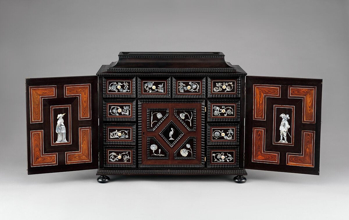 Cabinet, Attributed to Herman Doomer (Dutch, Anrath ca. 1595–1650 Amsterdam), Oak veneered with ebony, snakewood, rosewood, kingwood, cedar and other woods; mother-of-pearl, ivory, green stained bone, Dutch, Amsterdam