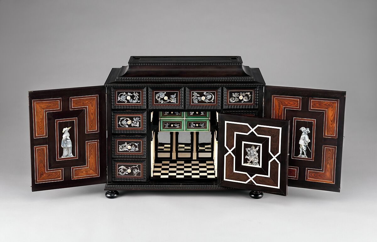 Cabinet, Herman Doomer  Dutch, Oak veneered with ebony, snakewood, rosewood, kingwood, cedar and other woods; mother-of-pearl, ivory, green stained bone, Dutch, Amsterdam