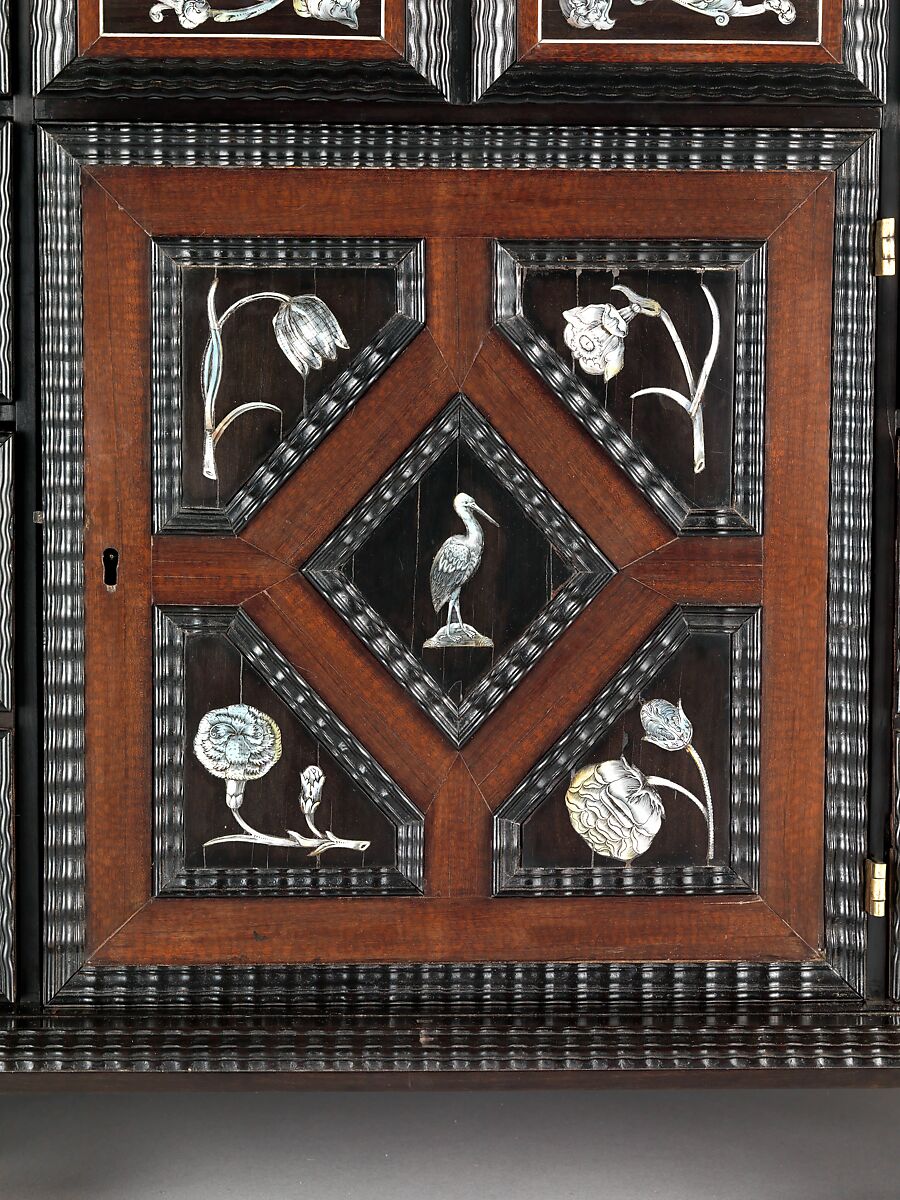 Cabinet, Attributed to Herman Doomer (Dutch, Anrath ca. 1595–1650 Amsterdam), Oak veneered with ebony, snakewood, rosewood, kingwood, cedar and other woods; mother-of-pearl, ivory, green stained bone, Dutch, Amsterdam