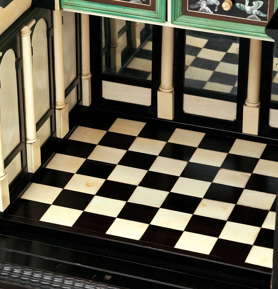 Cabinet, Attributed to Herman Doomer (Dutch, Anrath ca. 1595–1650 Amsterdam), Oak veneered with ebony, snakewood, rosewood, kingwood, cedar and other woods; mother-of-pearl, ivory, green stained bone, Dutch, Amsterdam