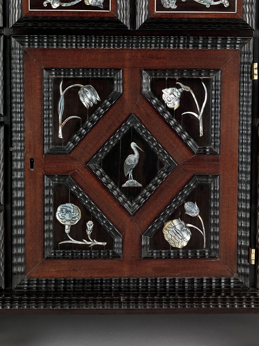 Cabinet, Attributed to Herman Doomer (Dutch, Anrath ca. 1595–1650 Amsterdam), Oak veneered with ebony, snakewood, rosewood, kingwood, cedar and other woods; mother-of-pearl, ivory, green stained bone, Dutch, Amsterdam