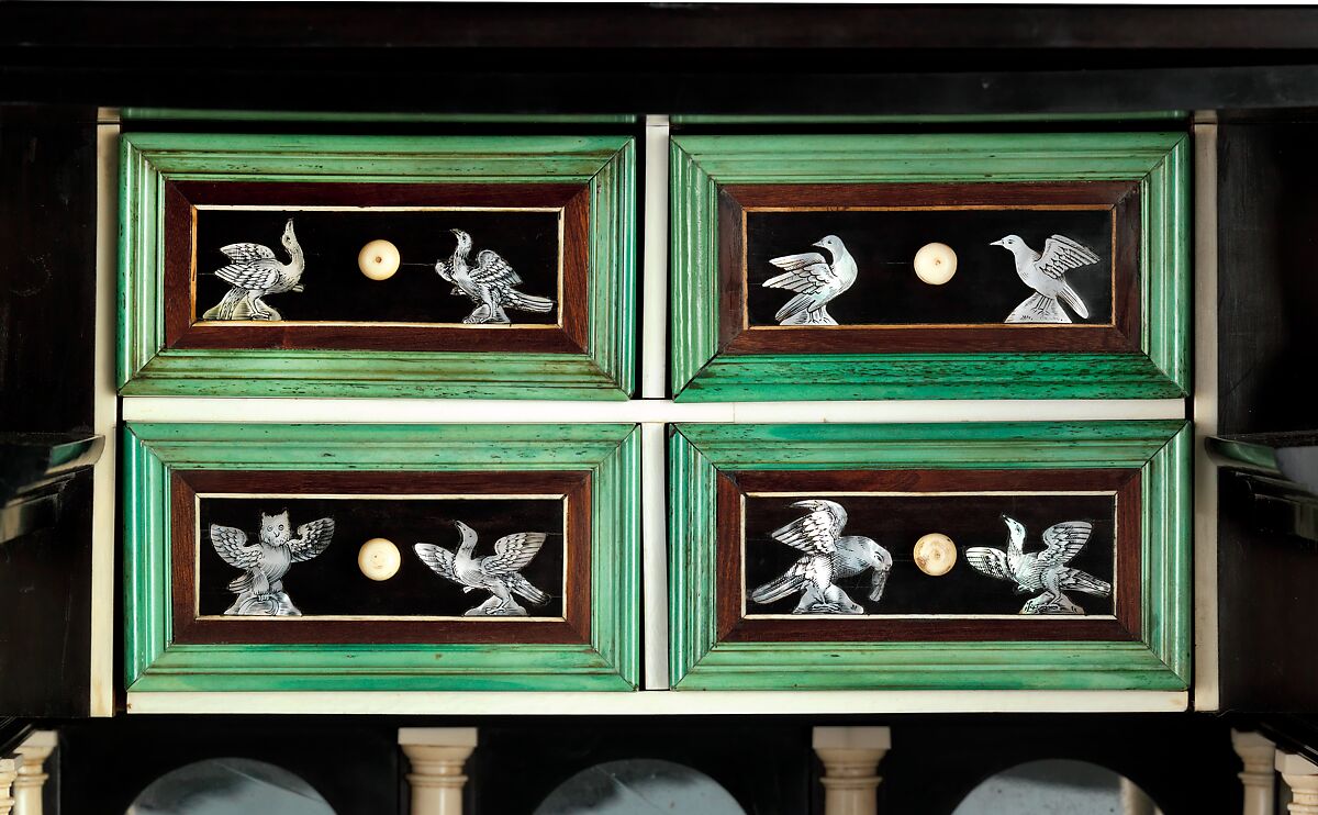 Cabinet, Attributed to Herman Doomer (Dutch, Anrath ca. 1595–1650 Amsterdam), Oak veneered with ebony, snakewood, rosewood, kingwood, cedar and other woods; mother-of-pearl, ivory, green stained bone, Dutch, Amsterdam