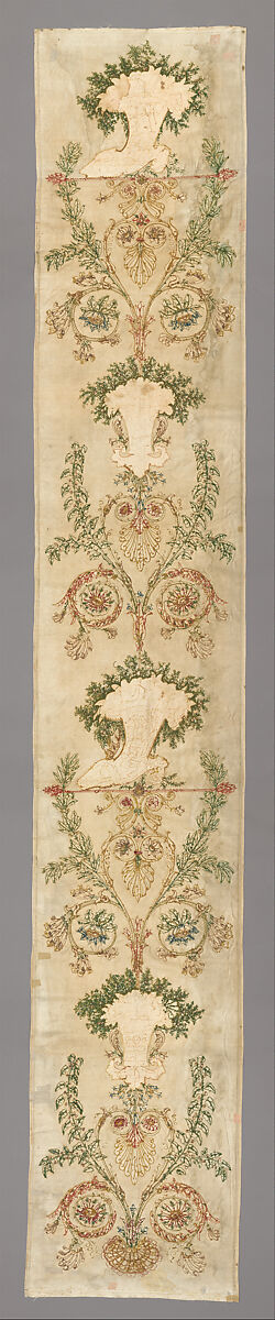 Empire wall hanging, Possibly made by Bissardon and Bony, Cie, Silk satin with chenille thread embroidery and painted silk velvet appliqué, French, Lyon