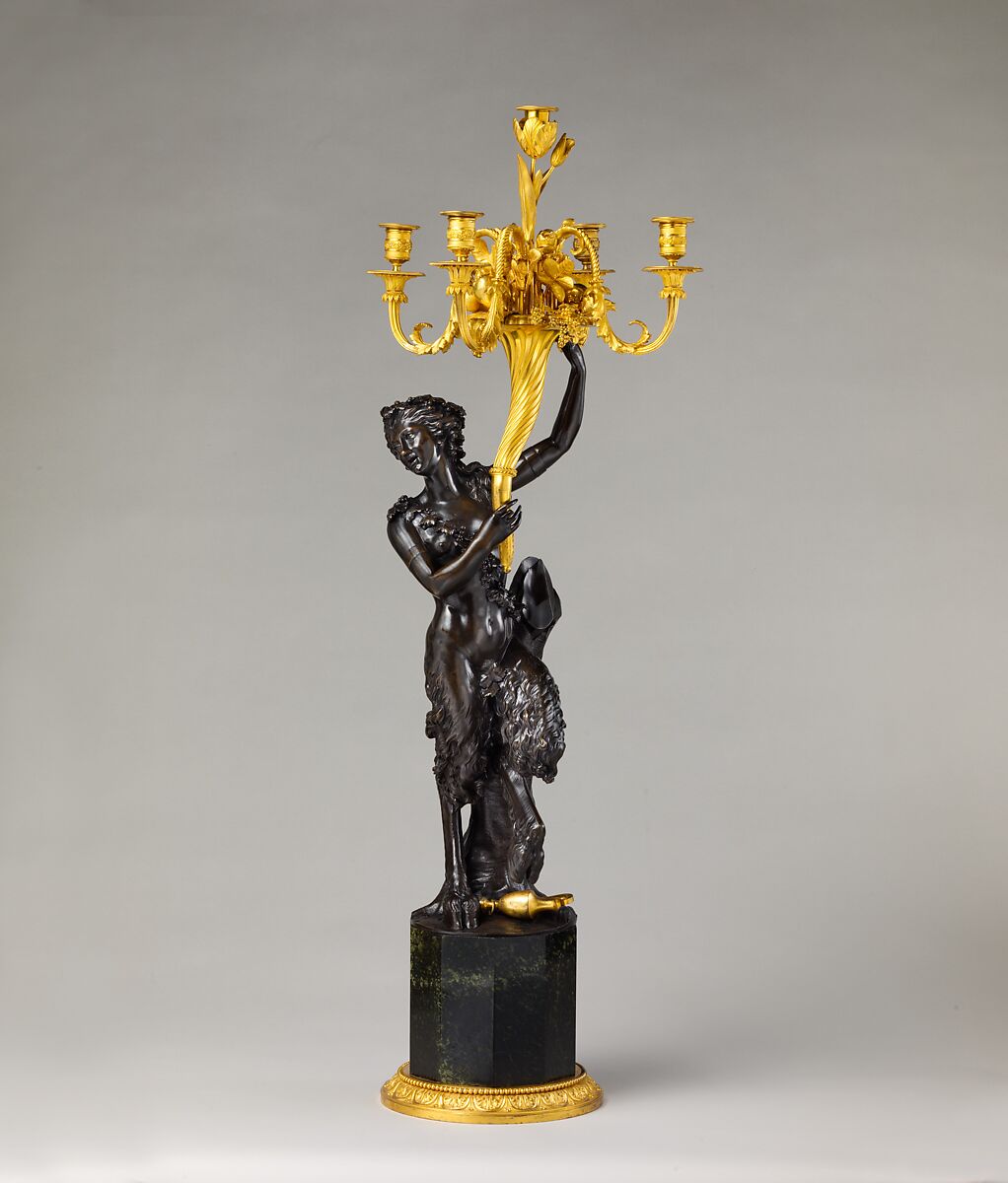 Five-light candelabrum (one of a pair), derives from a model by Clodion (Claude Michel) (French, Nancy 1738–1814 Paris), Gilt and patinated bronze, serpentine marble, French 