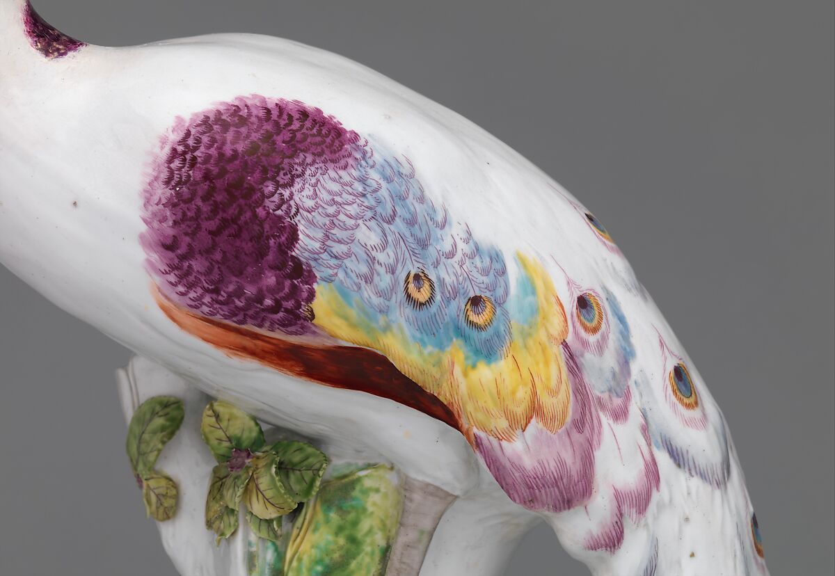 Peacock (one of a pair), Chelsea Porcelain Manufactory (British, 1745–1784, Red Anchor Period, ca. 1753–58), Soft-paste porcelain decorated in polychrome enamels, British, Chelsea