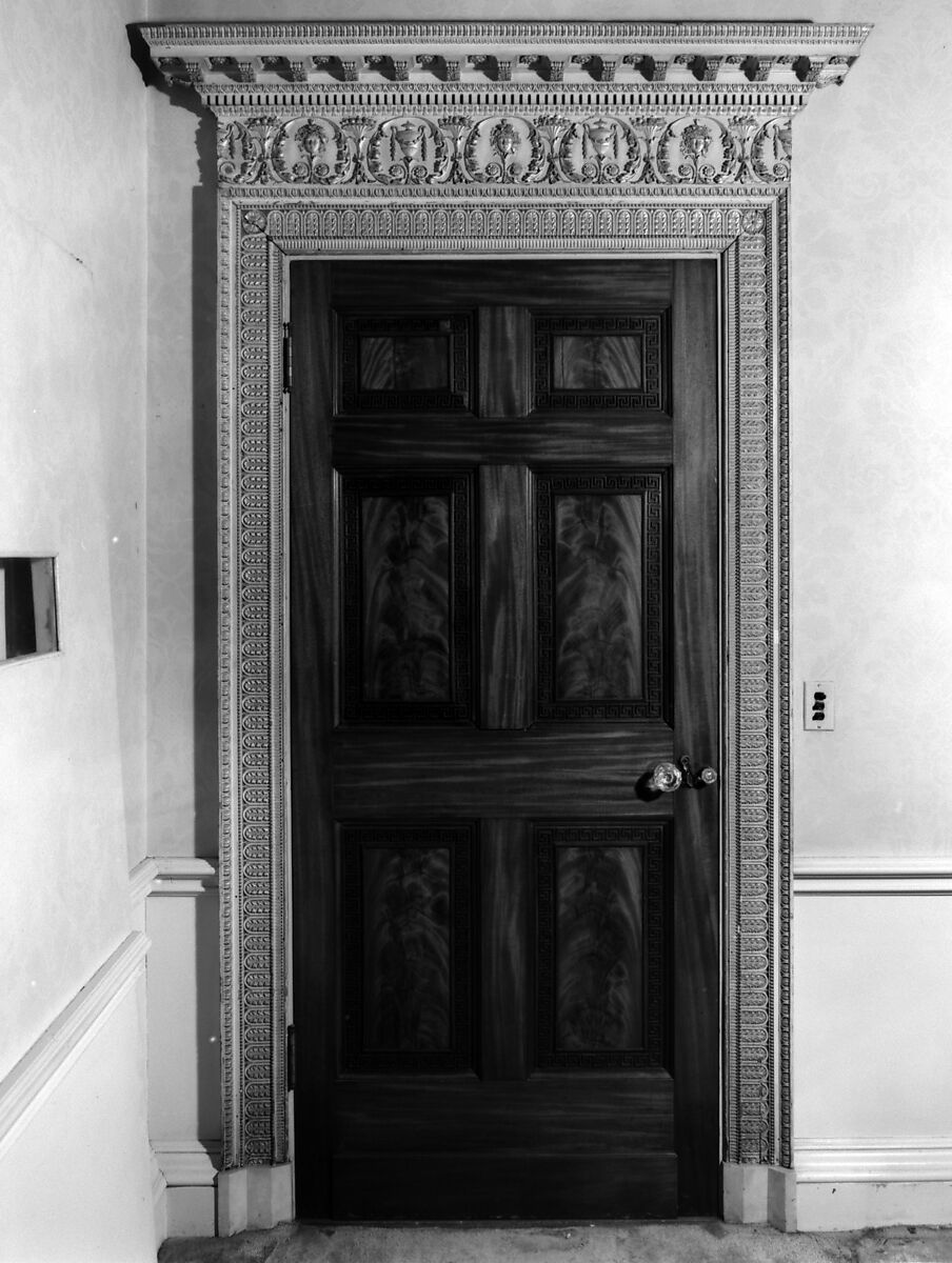 Doorway (one of a pair), Pine frame painted grey, red; blue and parcel-gilt mahogany door, British 