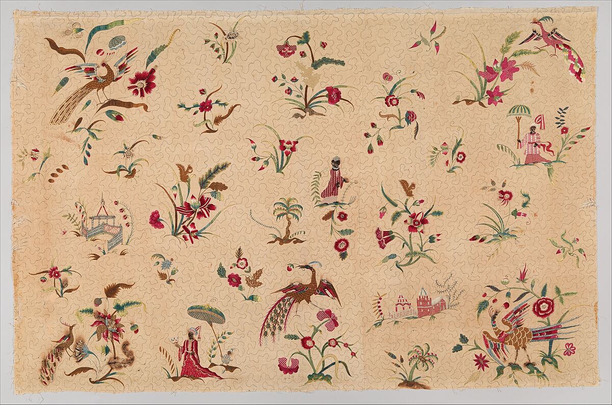 Panel for a skirt or petticoat, Silk embroidered on linen, British 