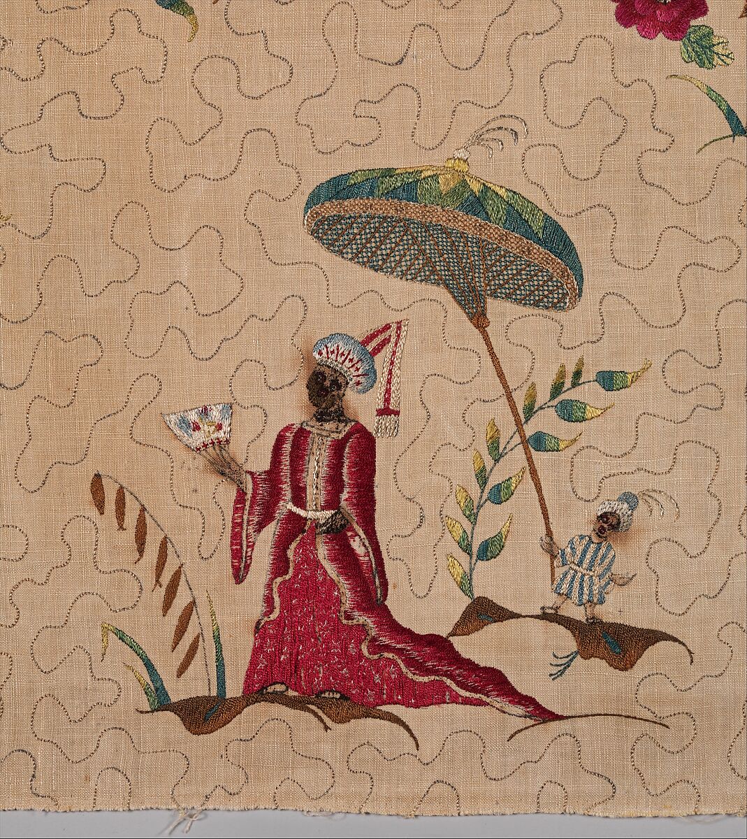 Panel for a skirt or petticoat, Silk embroidered on linen, British