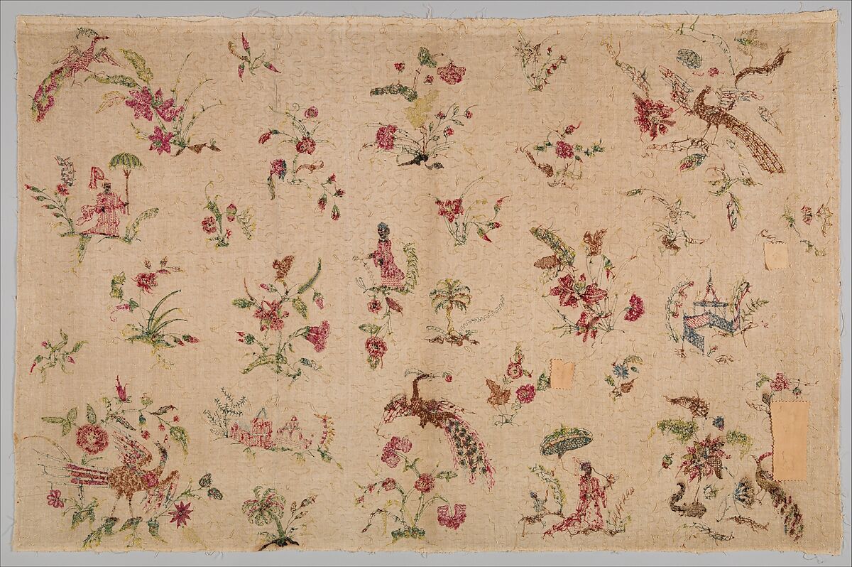 Panel for a skirt or petticoat, Silk embroidered on linen, British