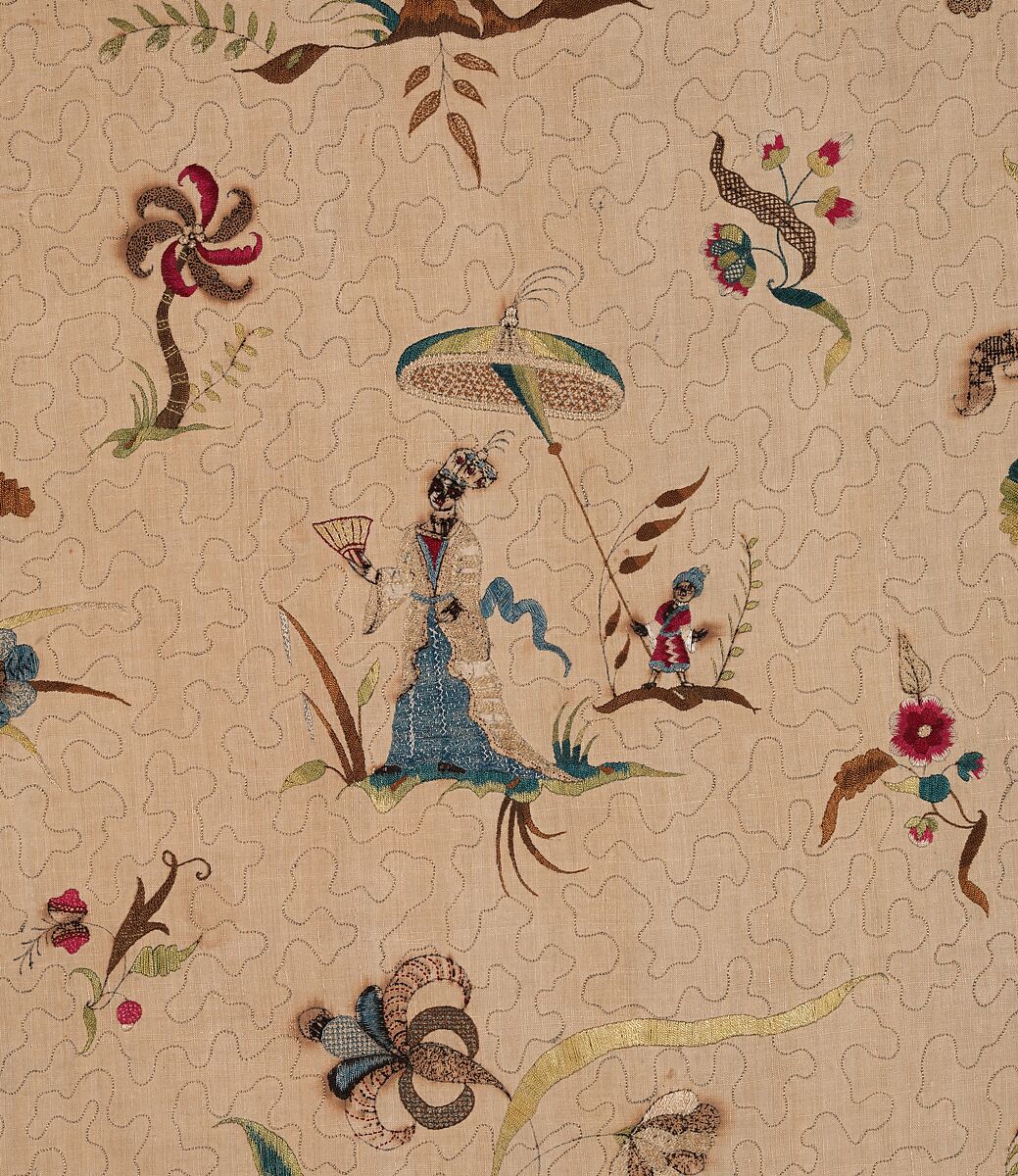Panel for a skirt or petticoat, Silk embroidered on linen, British