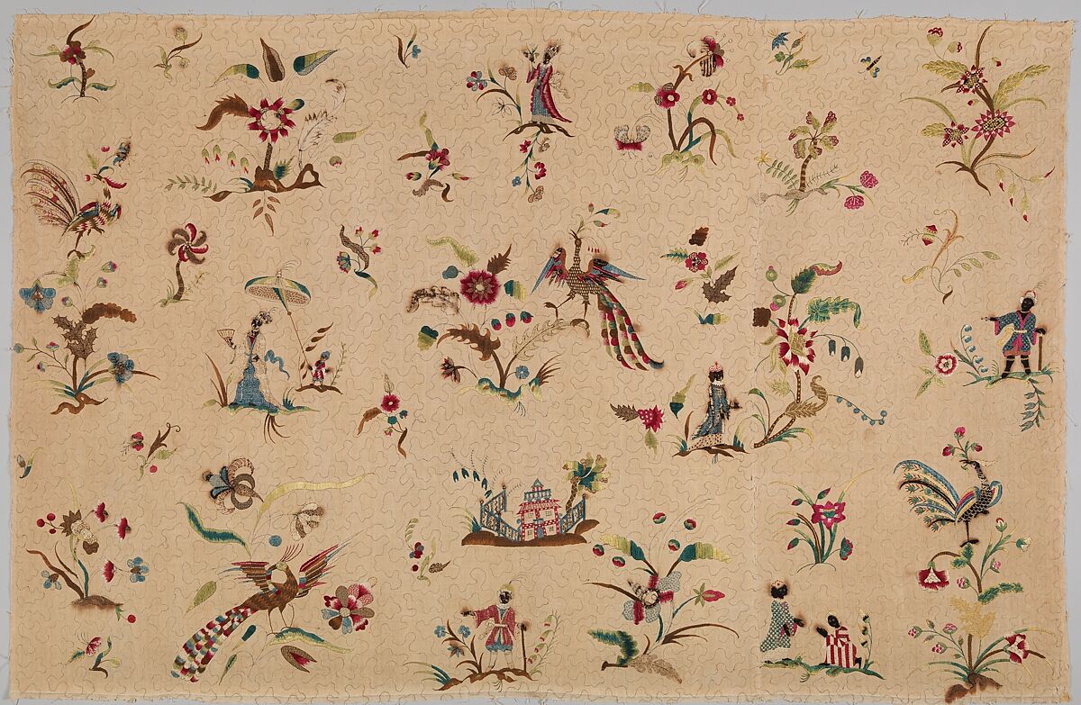 Panel for a skirt or petticoat, Silk embroidered on linen, British 