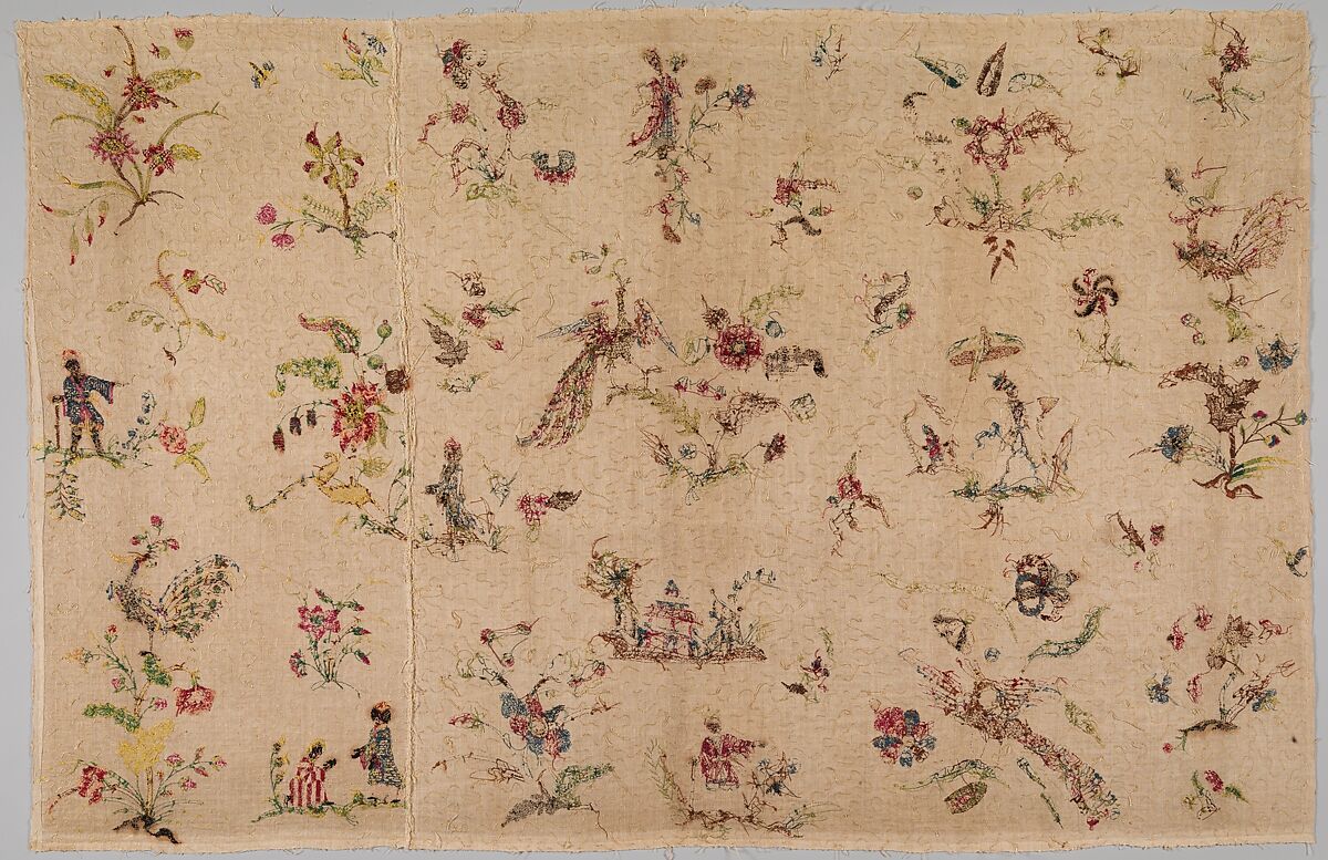 Panel for a skirt or petticoat, Silk embroidered on linen, British