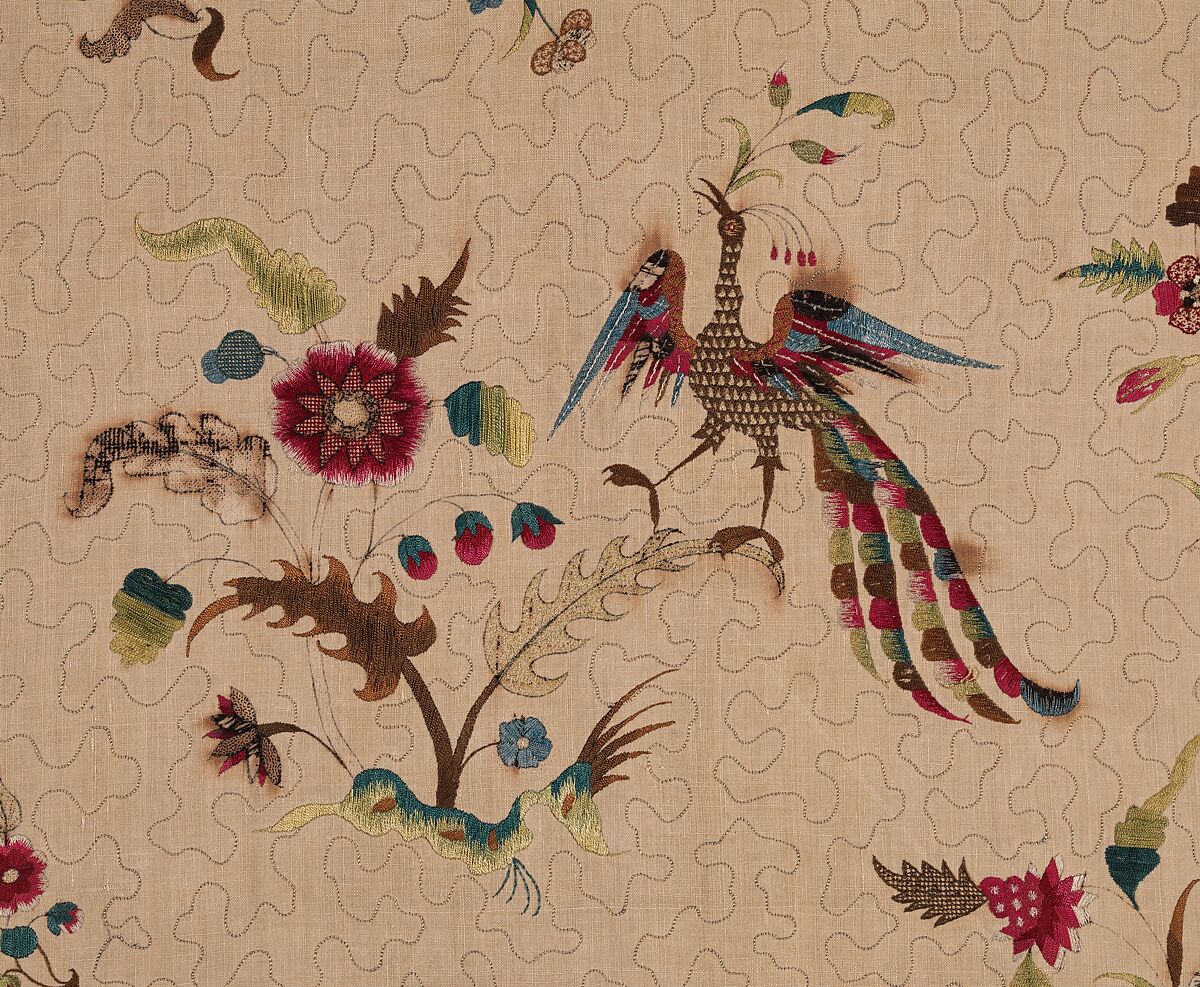 Panel for a skirt or petticoat, Silk embroidered on linen, British