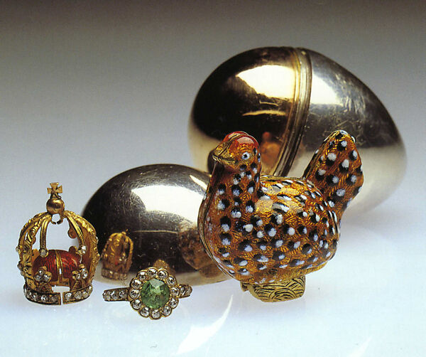 Egg-and-Hen Egg, House of Carl Fabergé, Platinum, gold, silver, enamel, diamond, emerald, Russian