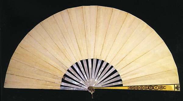 Imperial Bridal Fan, House of Carl Fabergé, Polychromed parchment, nacre, guilloché enamel, yellow and rose gold, rose- and briolette-cut diamond, Russian, St. Petersburg
