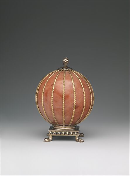 Spherical Clock, House of Carl Fabergé, Rose jasper, silver, silver gilt, gold, enamel, glass, Russian, St. Petersburg