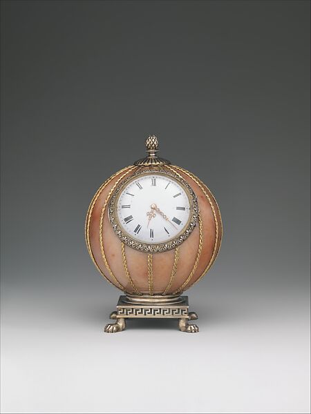 Spherical Clock, House of Carl Fabergé, Rose jasper, silver, silver gilt, gold, enamel, glass, Russian, St. Petersburg 
