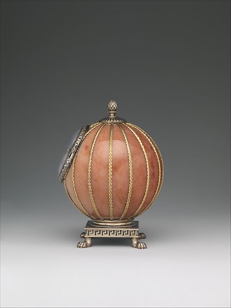 Spherical Clock, House of Carl Fabergé, Rose jasper, silver, silver gilt, gold, enamel, glass, Russian, St. Petersburg