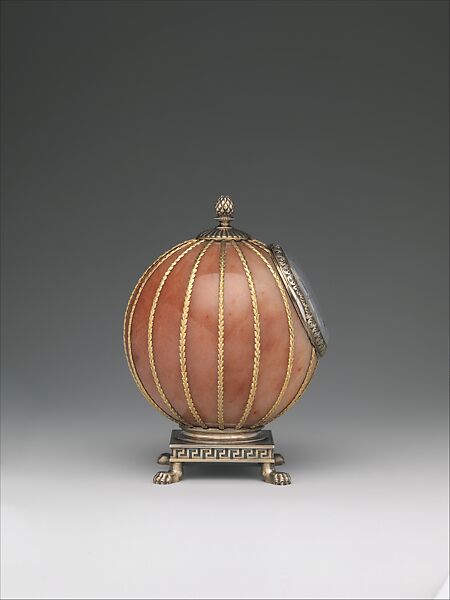Spherical Clock, House of Carl Fabergé, Rose jasper, silver, silver gilt, gold, enamel, glass, Russian, St. Petersburg