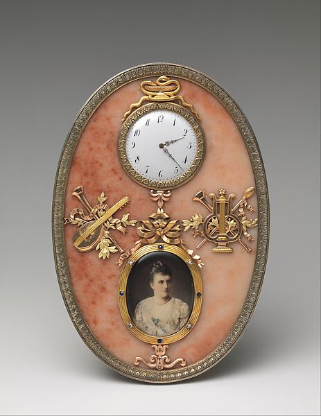Imperial Frame and Clock, House of Carl Fabergé, Rose jasper, silver gilt, trois-couleur gold, diamond, sapphire, ivory, oil paint, glass, Russian, St. Petersburg 
