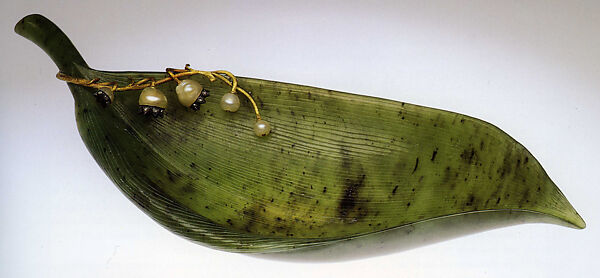 Imperial tray in the form of a Lily-of-the-Valley leaf, House of Carl Fabergé, Nephrite, gold, silver, pearl, rose-cut diamond, Russian, St. Petersburg