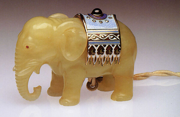 Bell Push in the form of an Elephant, House of Carl Fabergé, Bowenite, gold, diamond, ruby, sapphire, champlevé and guilloché enamel, Russian, probably St. Petersburg