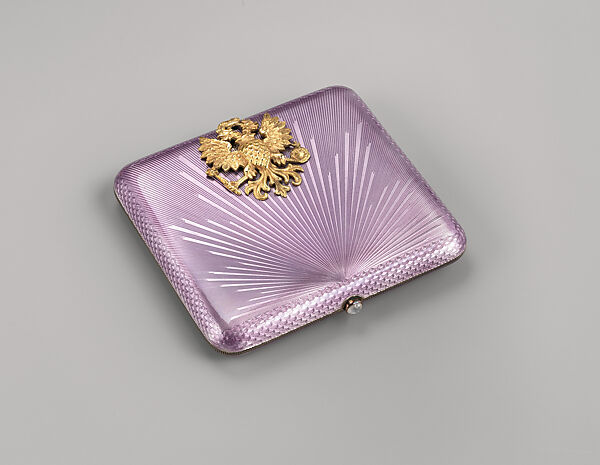 Mauve Cigarette Case, House of Carl Fabergé, Silver gilt, gold, guilloché rayonnant enamel, cabochon moonstone, Russian, St. Petersburg 