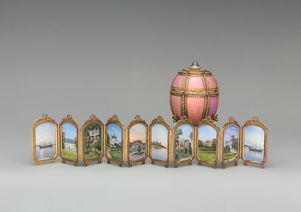 Danish Palaces Egg, House of Carl Fabergé, Green, rose, and quatre-couleur gold, guilloché enamel, star sapphire, cabochon emerald, rose-cut diamond nacre, crystal crimson silk velvet, Russian, St. Petersburg 