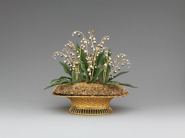 Imperial Lilies-of-the-Valley Basket, House of Carl Fabergé, Yellow and green gold, silver, nephrite, pearl, rose-cut diamond, Russian, St. Petersburg 