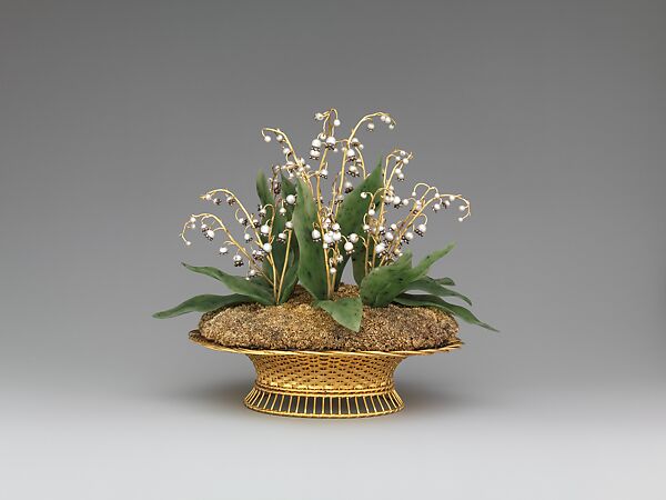 Imperial Lilies-of-the-Valley Basket, House of Carl Fabergé, Yellow and green gold, silver, nephrite, pearl, rose-cut diamond, Russian, St. Petersburg