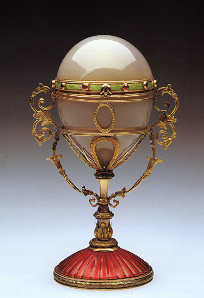 Oviform Perfume Flacon, House of Carl Fabergé, Agate, gold, cabochon ruby, guilloché enamel, Russian, St. Petersburg