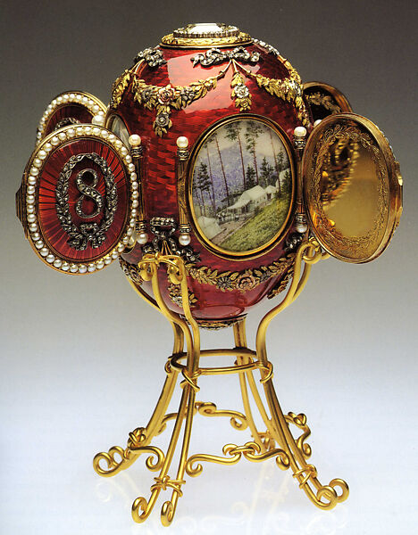 Imperial Caucasus Egg, House of Carl Fabergé, Yellow and quatre-couleur gold, silver, platinum, guilloché enamel, rose- and table-cut diamond, pearl, crystal, ivory, watercolor, Russian, St. Petersburg