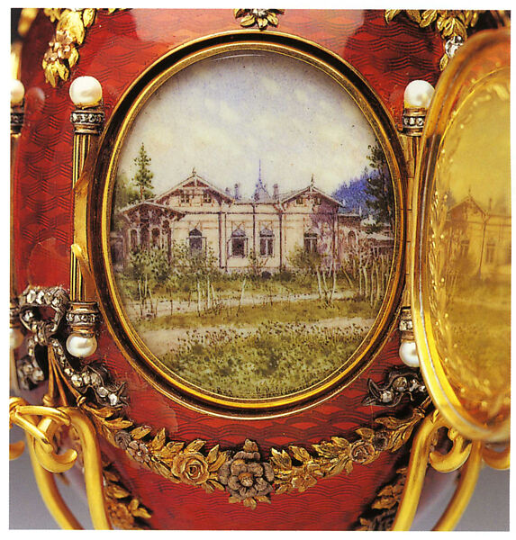 Imperial Caucasus Egg, House of Carl Fabergé, Yellow and quatre-couleur gold, silver, platinum, guilloché enamel, rose- and table-cut diamond, pearl, crystal, ivory, watercolor, Russian, St. Petersburg